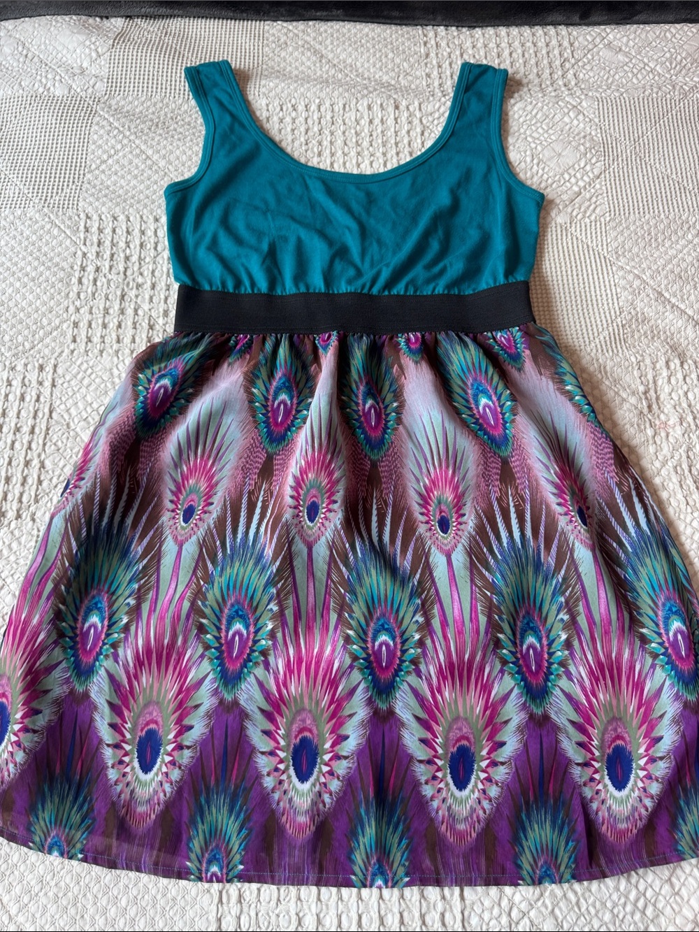 Xhilaration Teal Bodice Peacock-Print Mini Dress